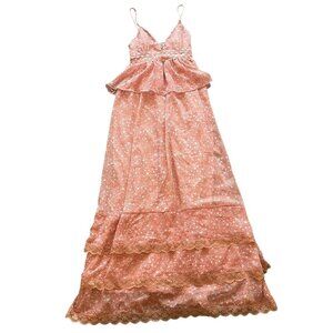 BTFL-Life Coral Maxi Dress Tiered Lace Trim Star Print Flowy Size Medium NWT